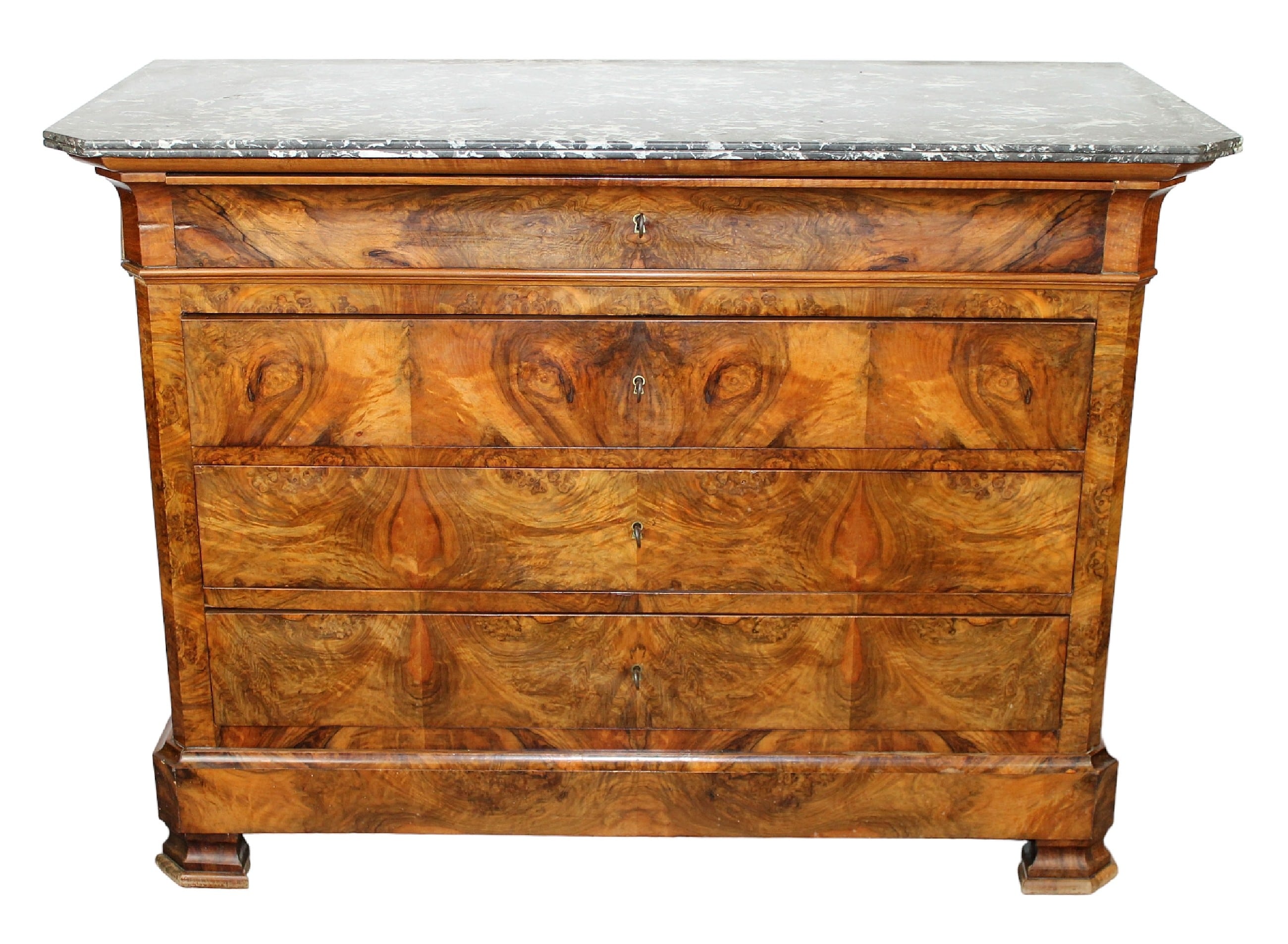 French Louis Philippe commode in burled walnut with marble top