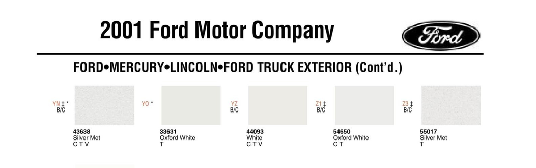 Exterior Colors and their codes used on all 2001 Ford Vehicles