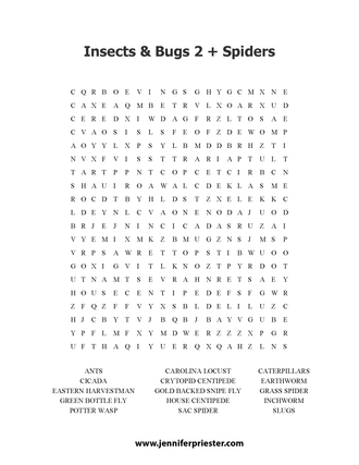 A word search puzzle featuring different types of insects, bugs and spiders Jennifer Priester has photographed.