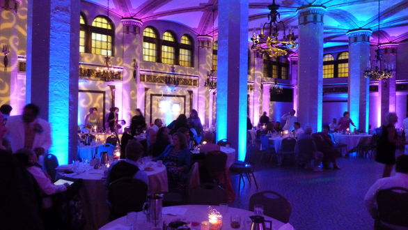 Moorish Room wedding. Up lighting in blue and pink with gobo pattern on wall.