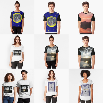 T-shirts in various styles featuring art and photography by Jennifer Priester.