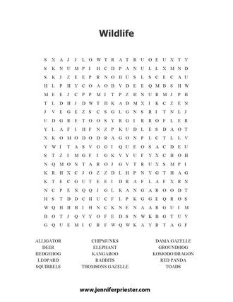 A word search puzzle featuring different types of wildlife Jennifer Priester has photographed.