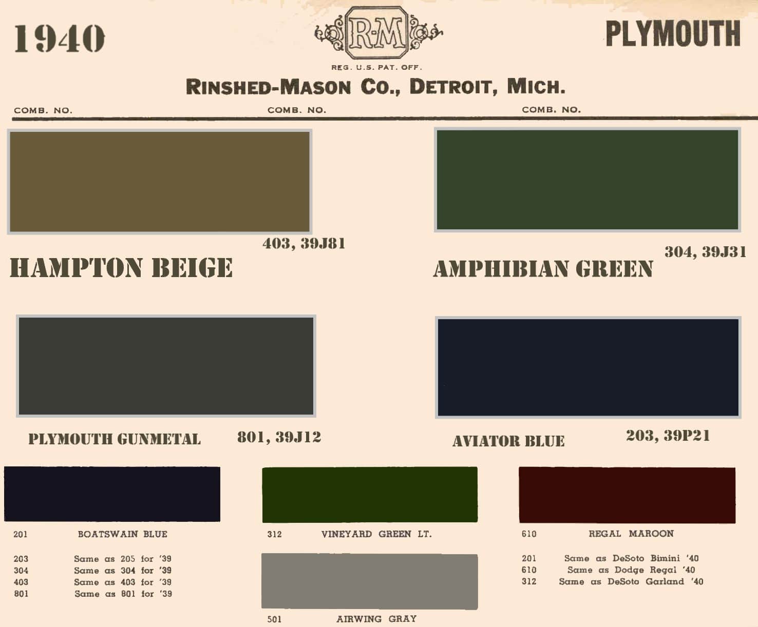 Color Codes and Paint examples for all the 1940 Plymouth Vehicles