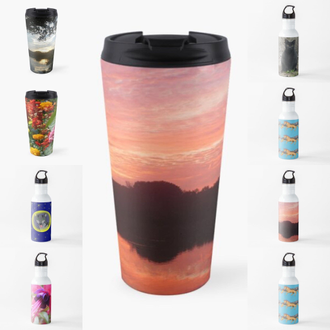 Travel mugs and water bottles featuring art and photography by Jennifer Priester.