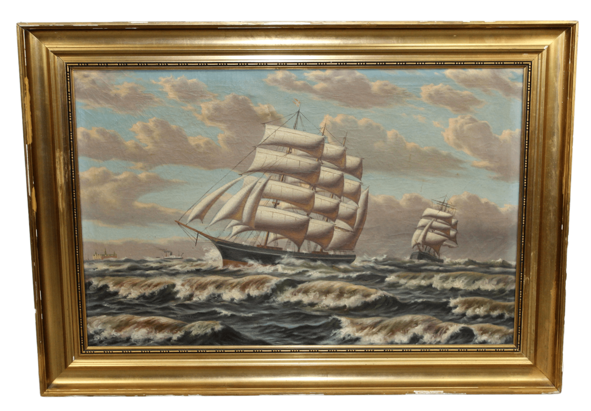 Oil on canvas seascape with sail boats