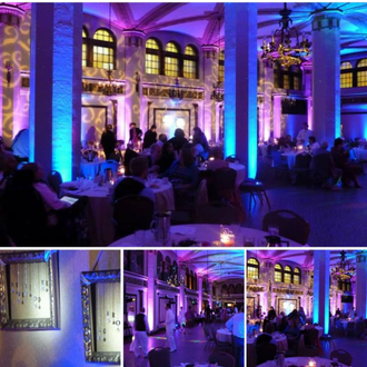 Blue and purple up lighting for a wedding in the Moorish Room.