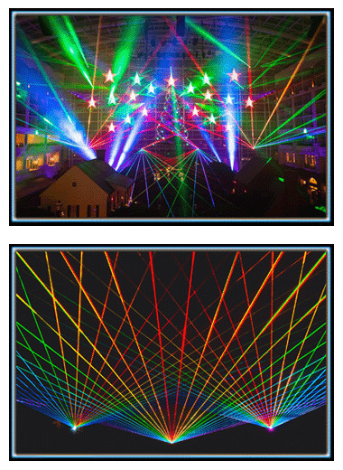 Lasers beams projected for nightly laser spectaculars in theme parks and resort hotels.
