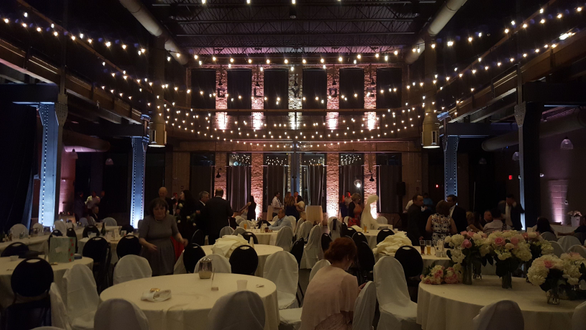 Wedding lighting at Clyde. Up lighting in blush pink and soft white with bistro.