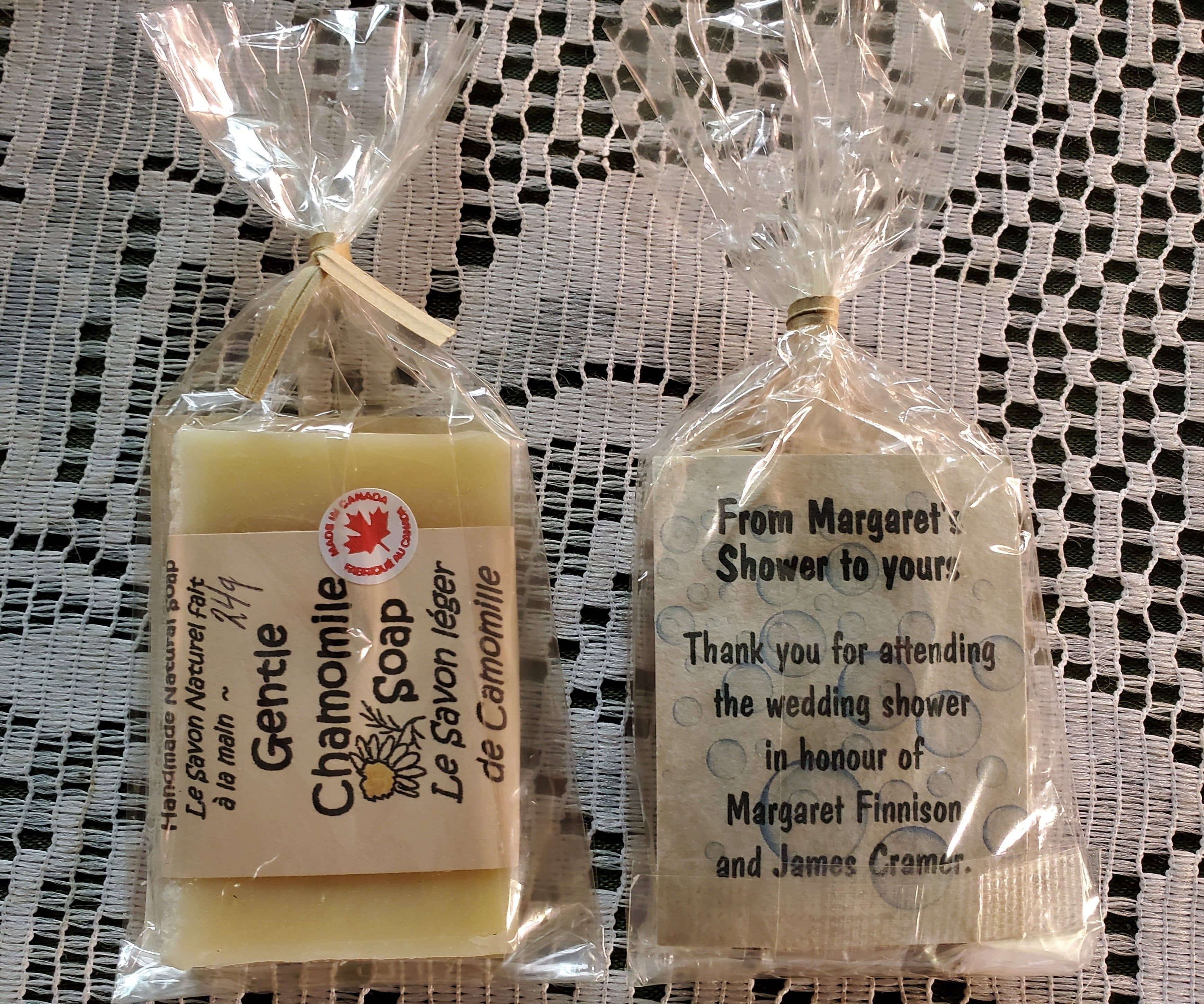 These cute, inexpensive Bridal Shower soap favours are made in Canada without dyes, preservatives or chemical scents.  Ecologically packaged in wood cello.