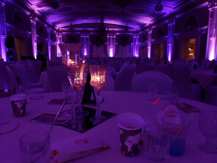 Two tone lavender lighting at the Greysolon Ballroom.