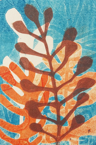 4.24" x 6" mounted on 7.5" x 11" Rives BFK paper. Colorful monoprint in orange, blue and white