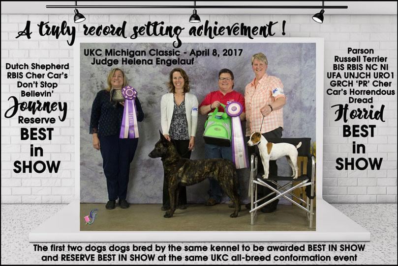 Parson Russel Terrier Best in Show and Dutch Shepherd Reservice Best in show. Both bred by Cher Car Kennels.