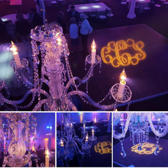 a fancy chandelier and a monogram for a wedding.