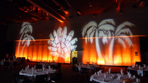 Orange up lighting and palm tree gobos on the walls for a tropical theme party.