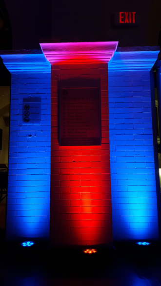 Wedding lighting at the Depot. Up lighting in blue and red.