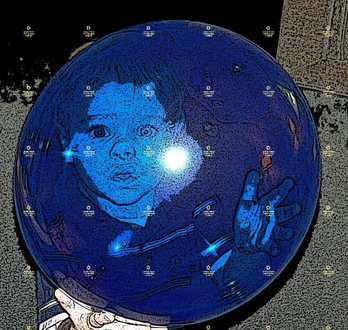 A filtered photo of a kid looking through a blue balloon by Jennifer Priester.