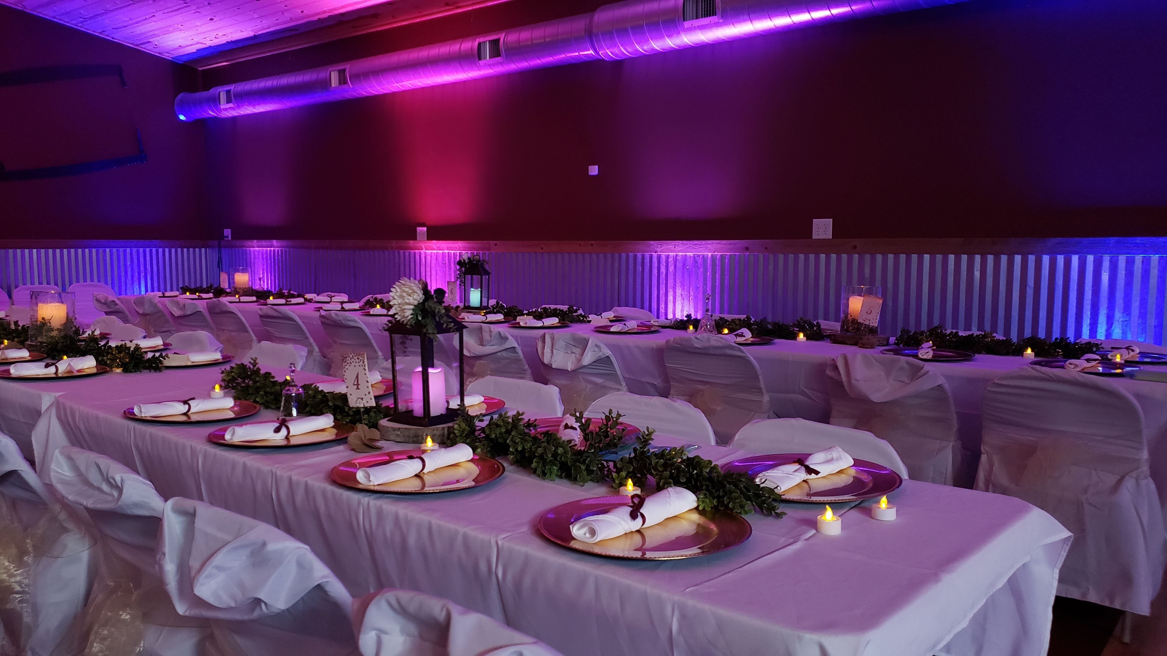 Wedding lighting at the Buffalo House. Up lighting in blue, lavender and magenta.