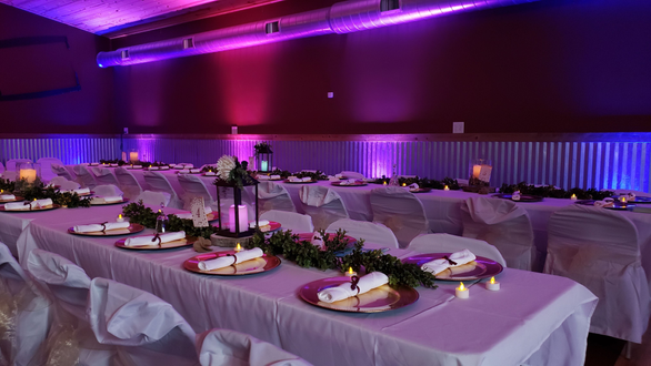 Blue, purple and magenta up lighting for a wedding at the Buffalo House Event Center