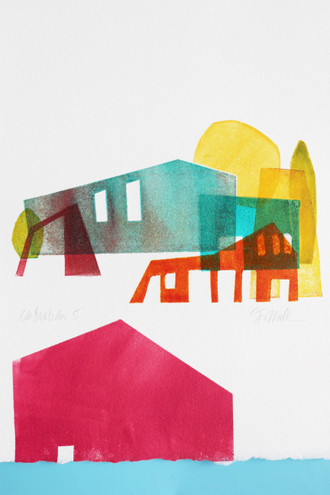 Colorful monoprint of buildings and the sun, whimsical layered suburban scene