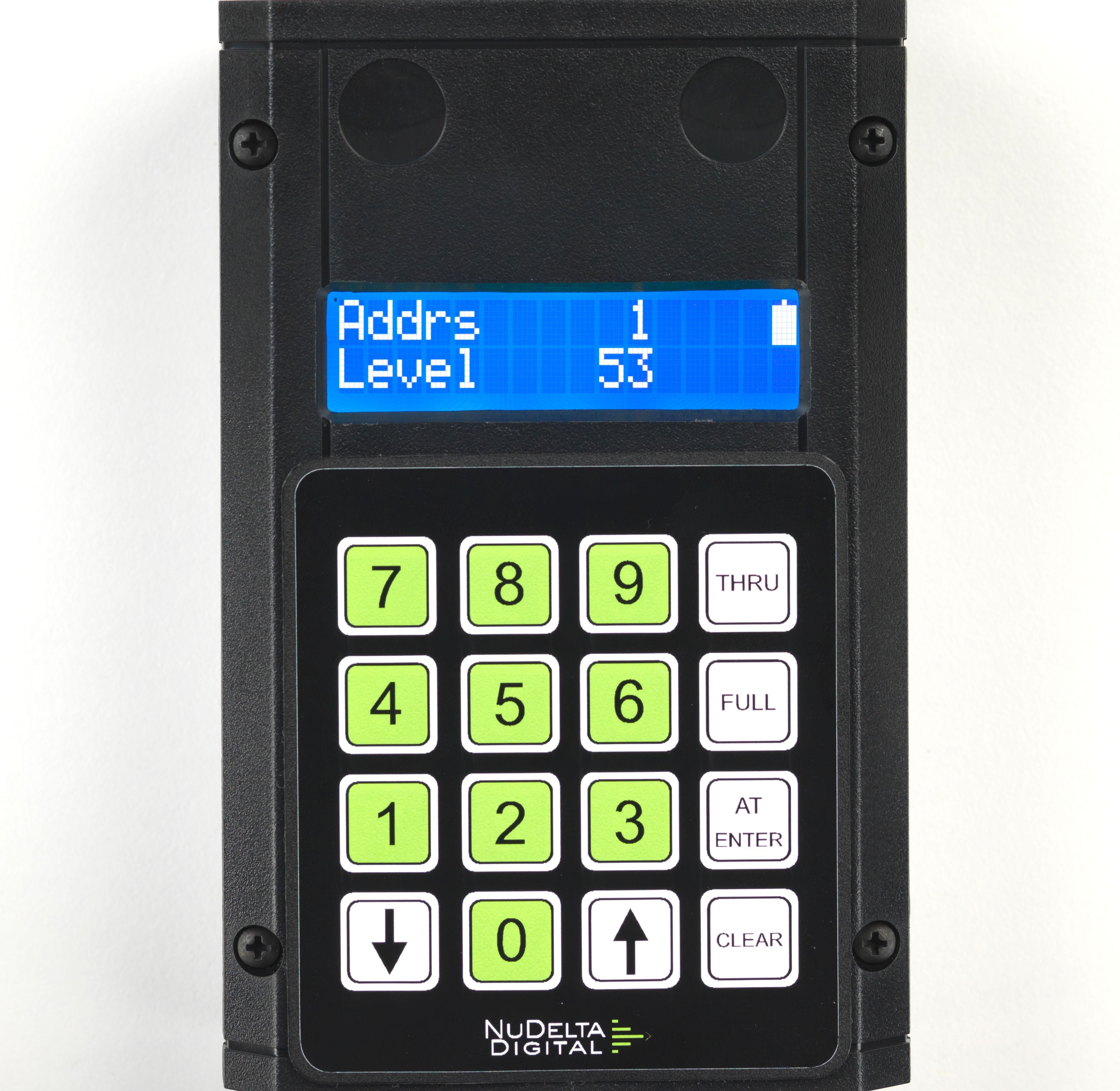 A picture of the DXT-1 DMX Tester with the screen illuminated showing that it is receiving DMX