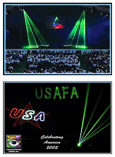 Laser projected onto a stage make for an exciting event showcase and Laser beams & graphics used to celebrate America's Birthday at a major government facility.