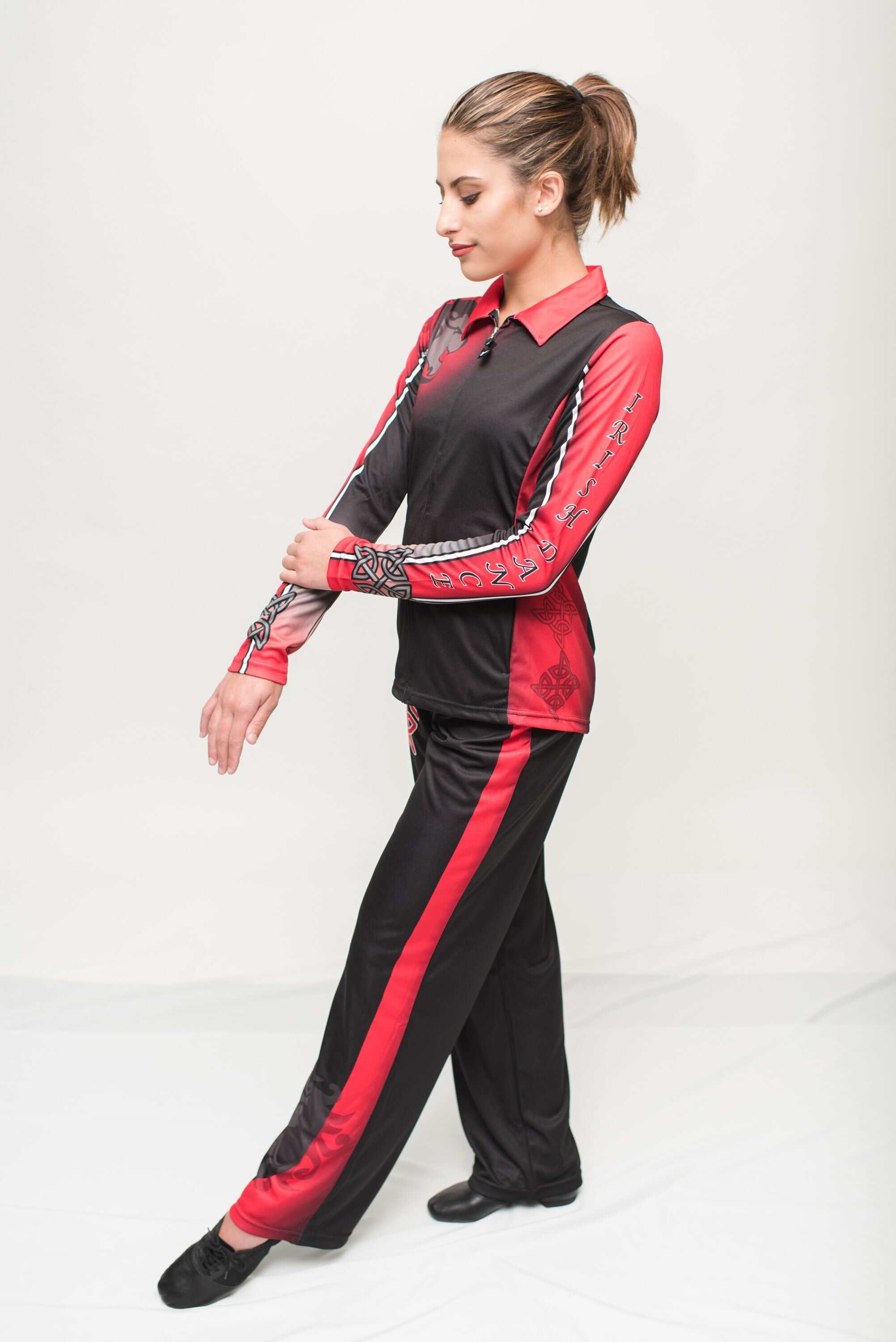 Our SubDi II Sublimation enables this clean symetrical red and black  warm-up to build your dance studio image.