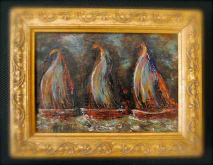 Acrylic painting of three sailboats.