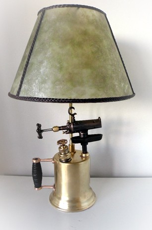 A one of a kind lamp made from an early Bernz-o-matic torch at The Lamp Repair Shop in South Portland, Maine.
