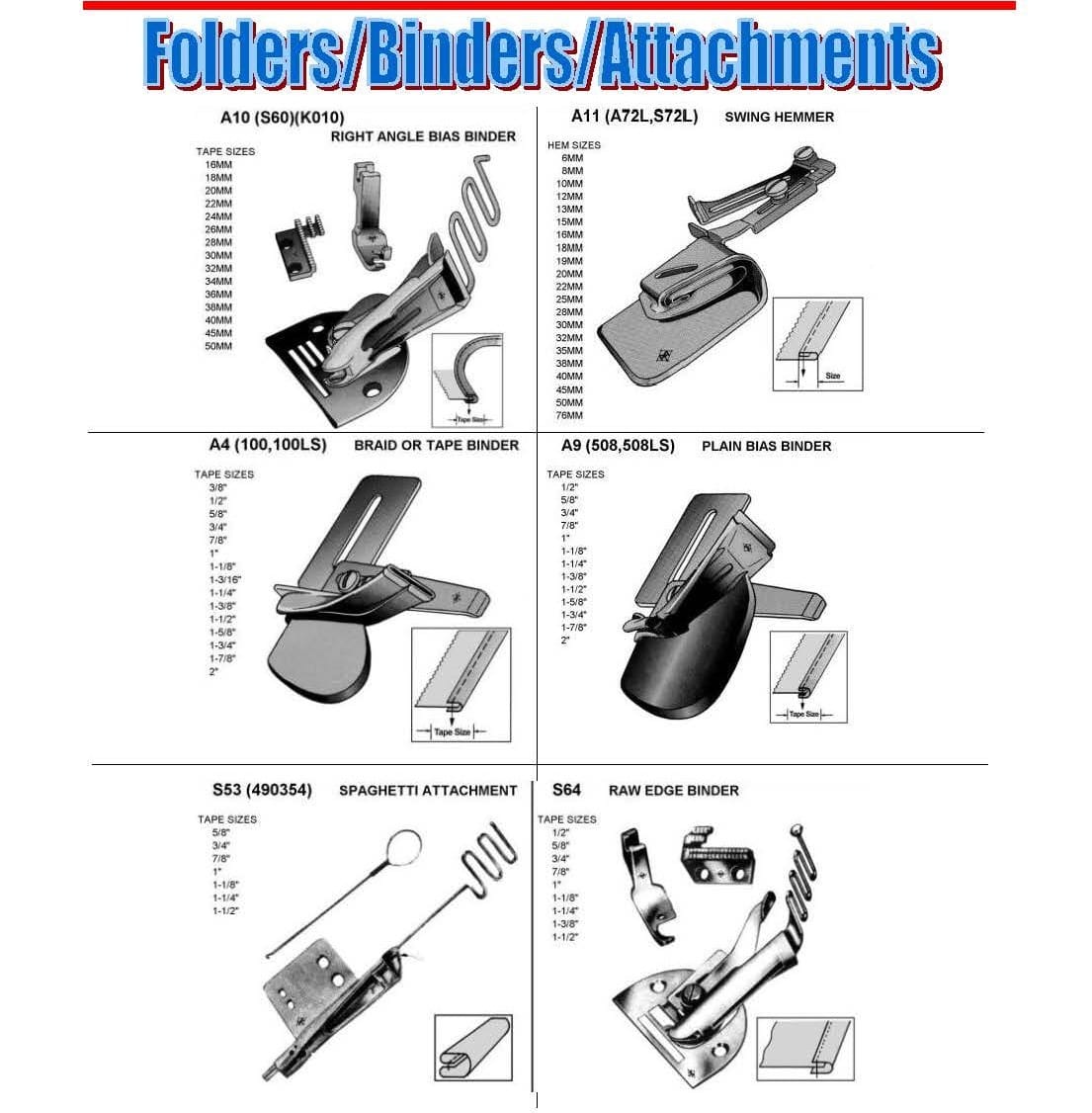 HEMMERS, BINDERS, FOLDERS, and ATTACHMENTS