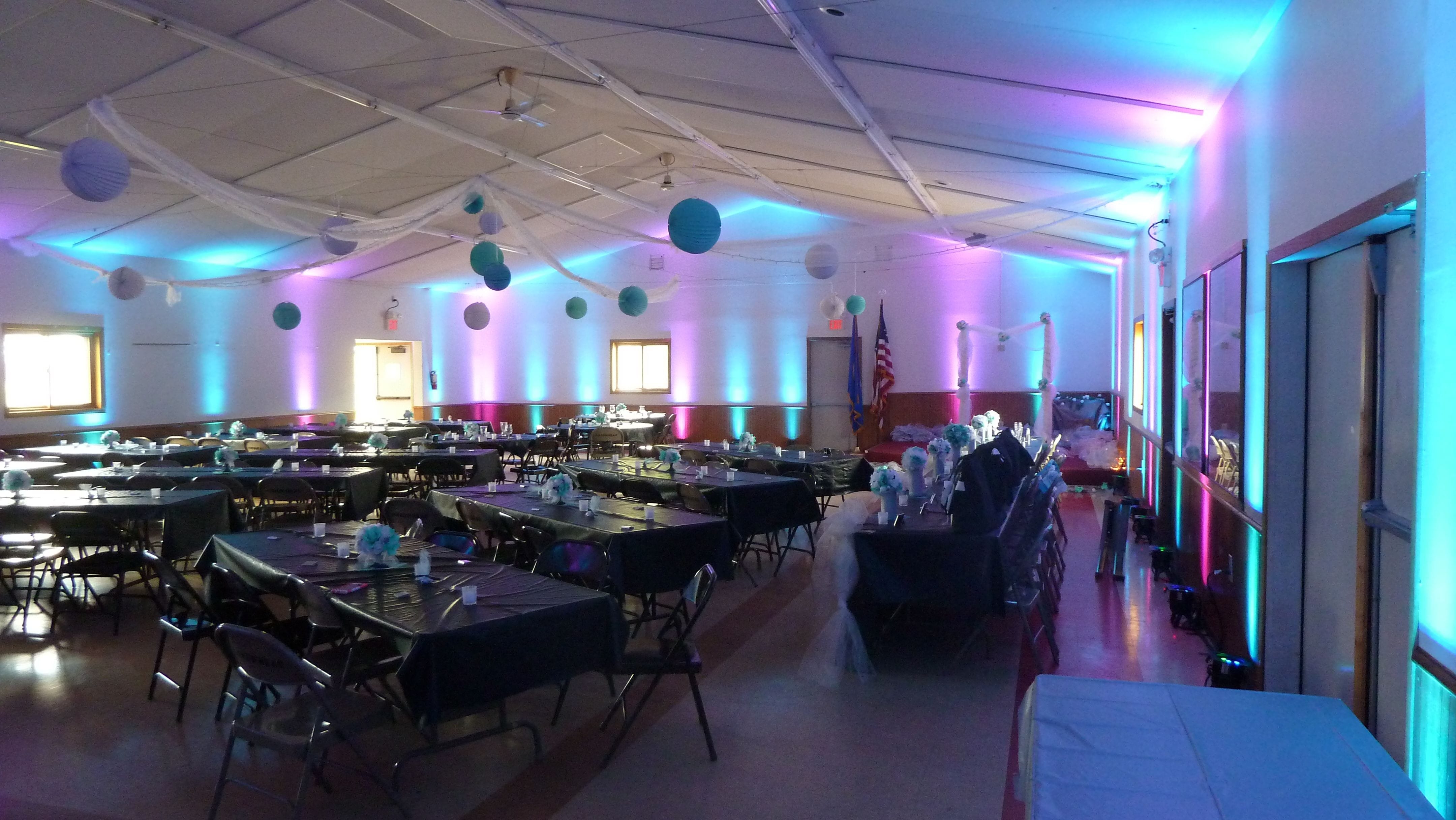 Wedding lighting at the Arrowhead Town Hall. Up lighting in a blue, teal and magenta theme.