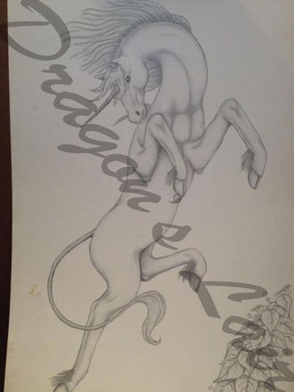 Pencil drawing of an Unicorn leaping for joy 18x12 $20.