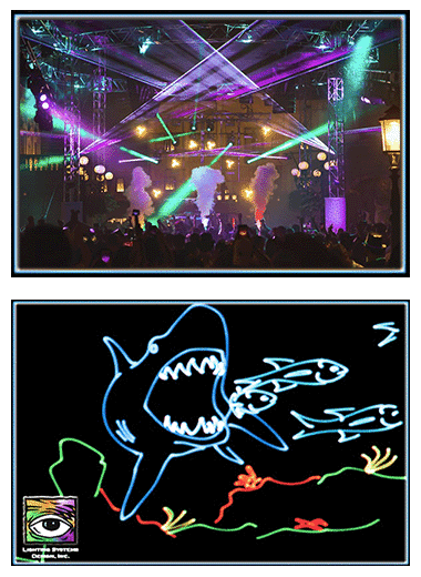 Overhead laser beams for New Years Eve spectaculars and Laser shark graphics for events.