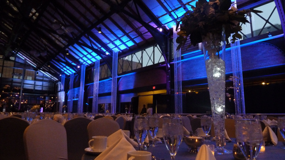 Renaissance Minneapolis, The Depot. Up lighting in blue with snowflake gobos. Decor by Event Lab