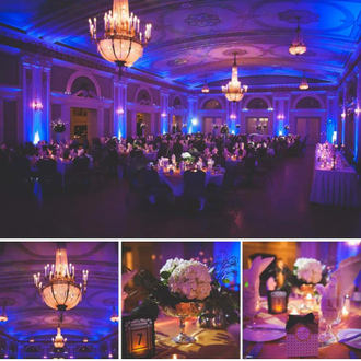 Wedding lighting in blue at Greysolon Ballroom by Duluth Event Lighting.