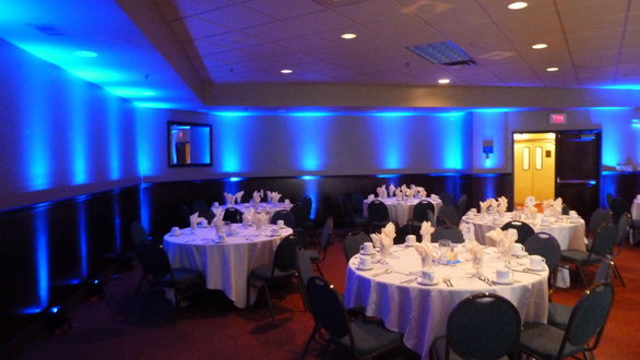 Wedding lighting in blue at Blackwoods Event Center in Proctor.