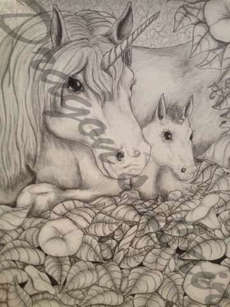 Pencil drawingof mother unicorn with baby  8 x 9 1/2 $10