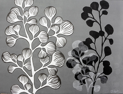 22" x 30"  black, white, silver and grey mixed media work on paper, monoprint with India ink