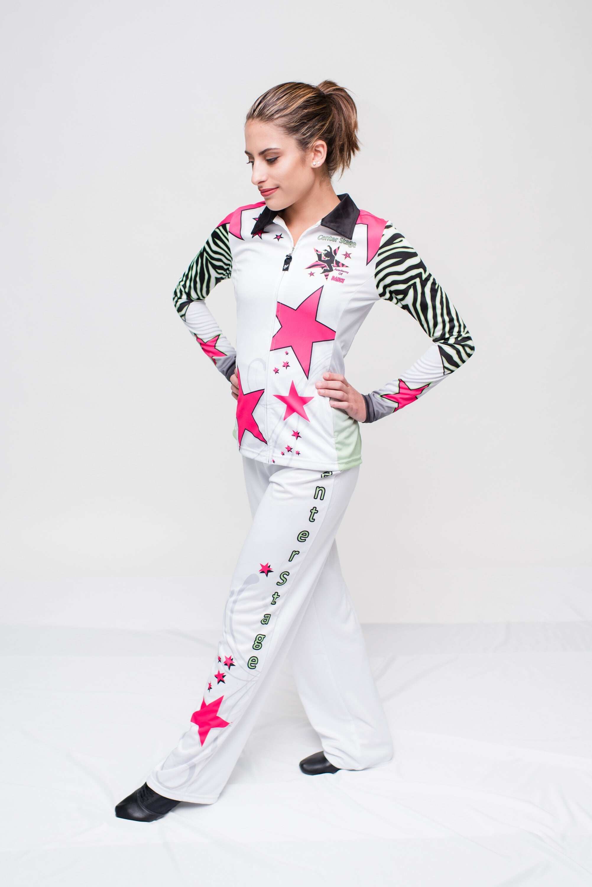 Be a standout at Dance Competiton with this All White Warrm-up with a strong visual design on jacket, sublimation at its finest
