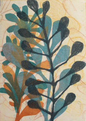 4.24" x 6" mounted on 7.5" x 11" Rives BFK paper. Colorful monoprint in blue, orange and grey