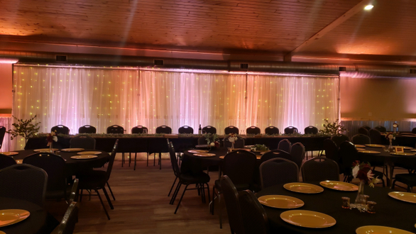 A blush pink and a peach pink two tone wedding lighting package at the Buffalow House with a wedding backdrop