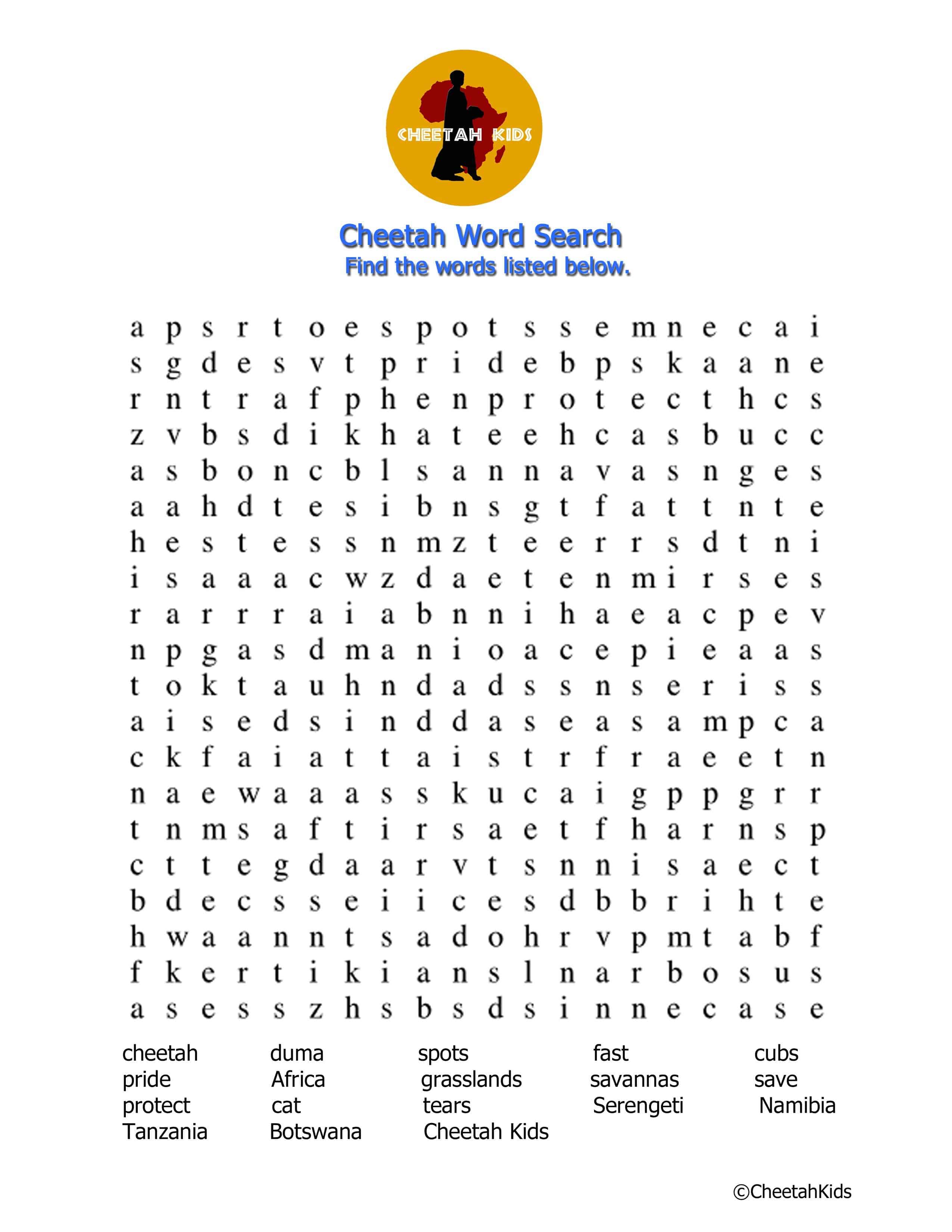 A cheetah themed word search and printable reading log. 