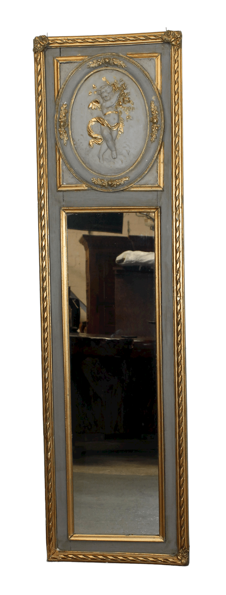 French painted trumeau mirror with cherub