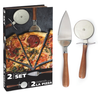 2 piece Pizza Serving Set, stainless steel with acacia handles. Includes: pizza wheel (21.8cm) and pizza server (27cm). Book-style giftbox.
