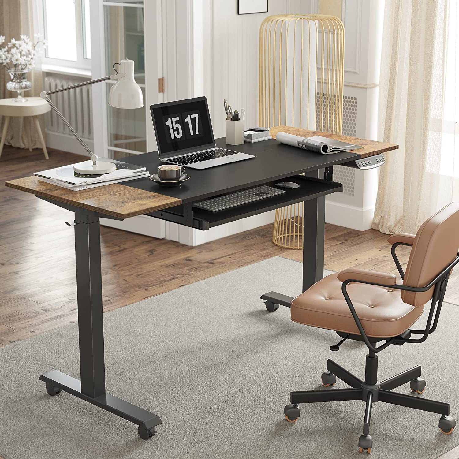The Fezibo Adjustable Electric Standing Desk in a home office.