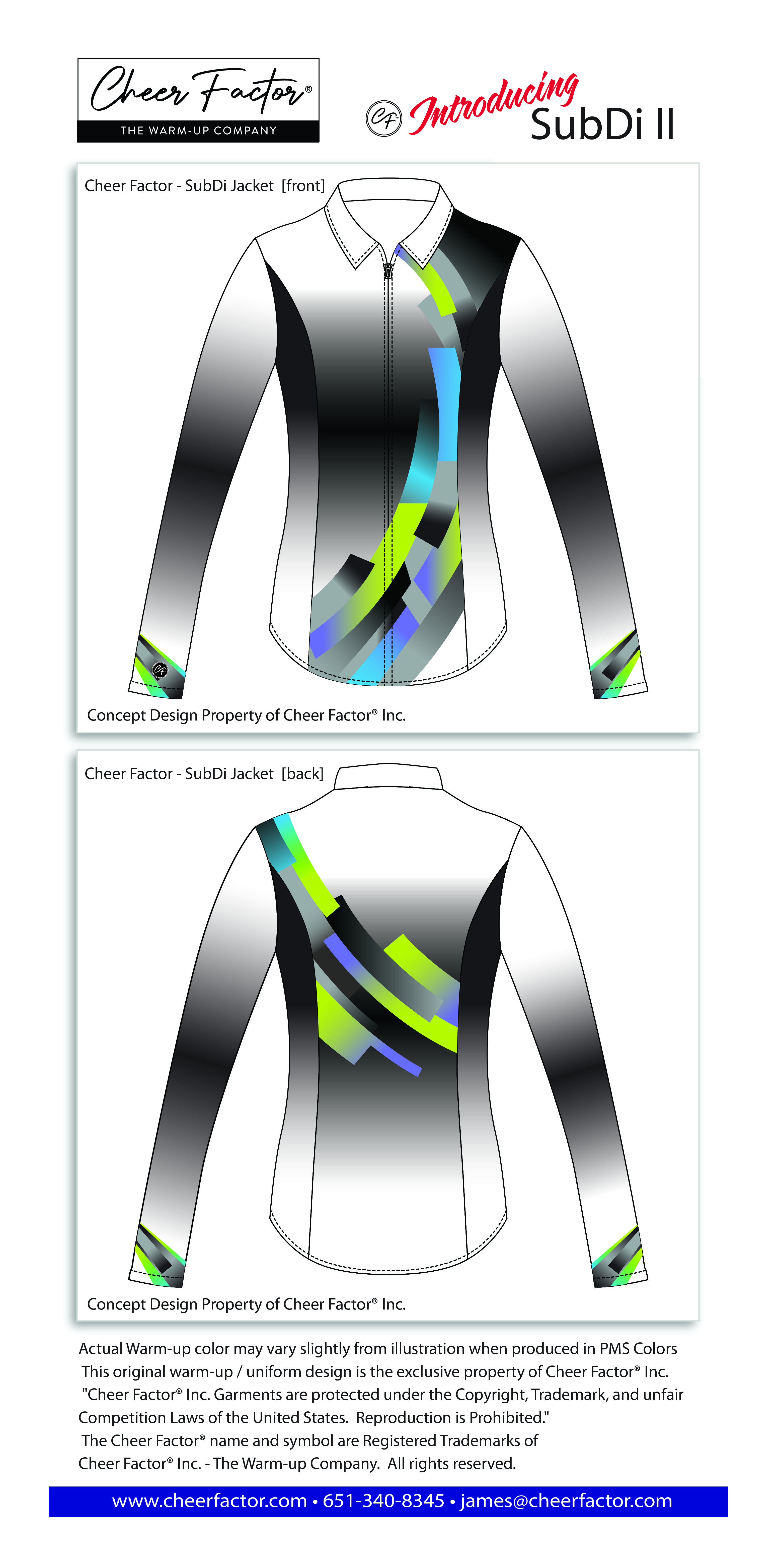 Waterfall Series a Budget-friendly designed Performance Warm-up shown in white, lime, black, teal, and bright blue.