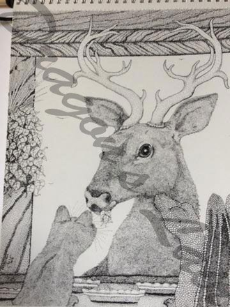 Pen and ink drawing with buck snacking on hanging basket. 8 1/2x 11.$15.