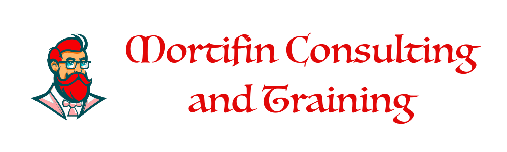 Mortifin consulting and training logo with an image to the cartoon likeness of Professor Joseph Finocchiaro.