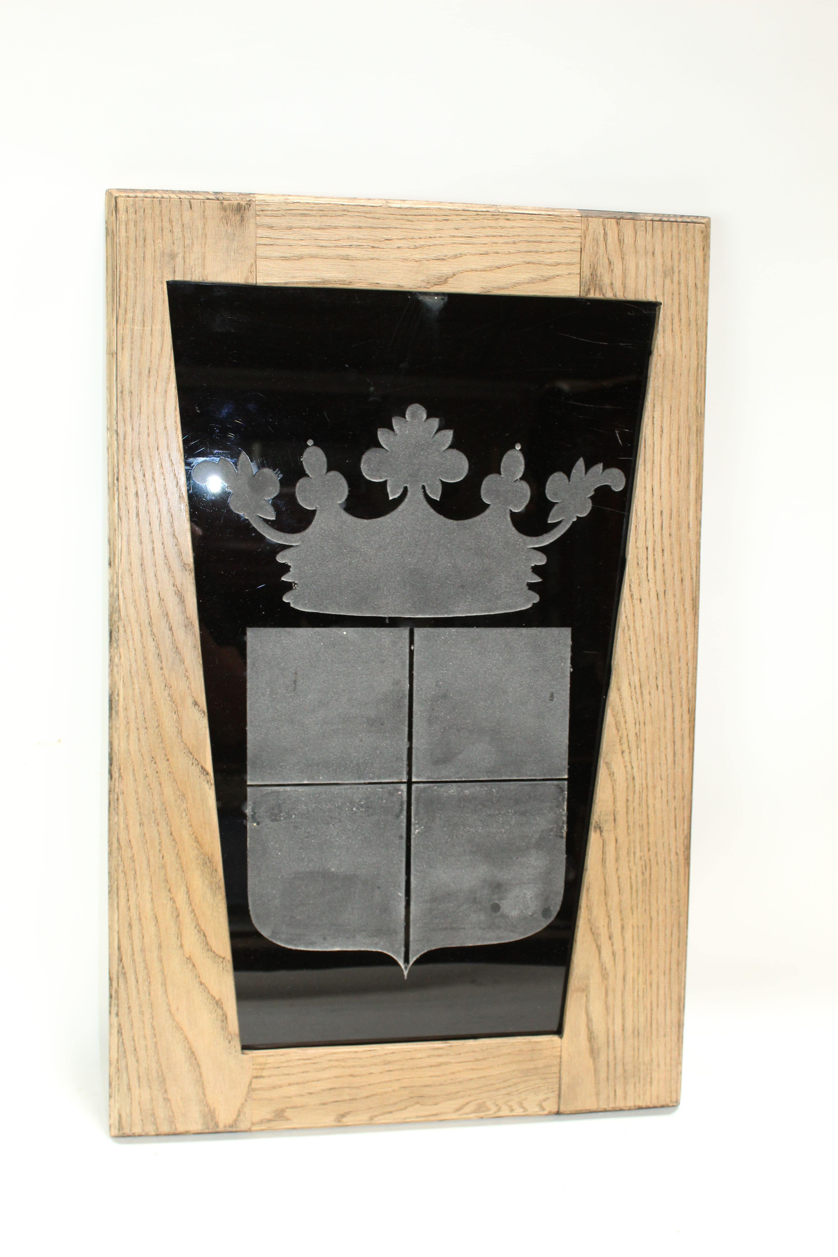 Antique French black glass etched panel with crown