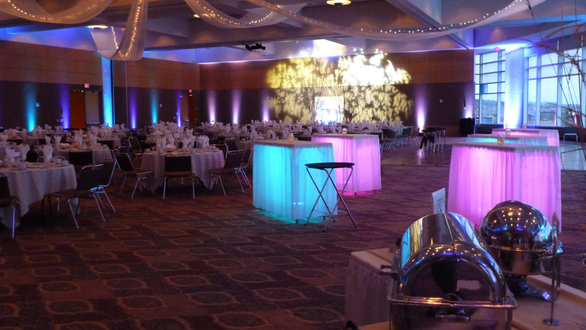 DECC, Harbor Side Ballroom.
Wedding lighting with tree gobos behind head table. glowing cocktail tables.