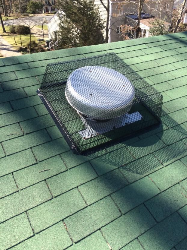 Rooftop Power Ventilator (aka attic fan) properly secured from animals using it to access attic or using it as a nest site.  The Roof Vent Guard is a great product that can be removed to replace old attic fan or roofing, then reinstalled after work is done.  Available in stainless steel or powder coated black galvanized metal.
